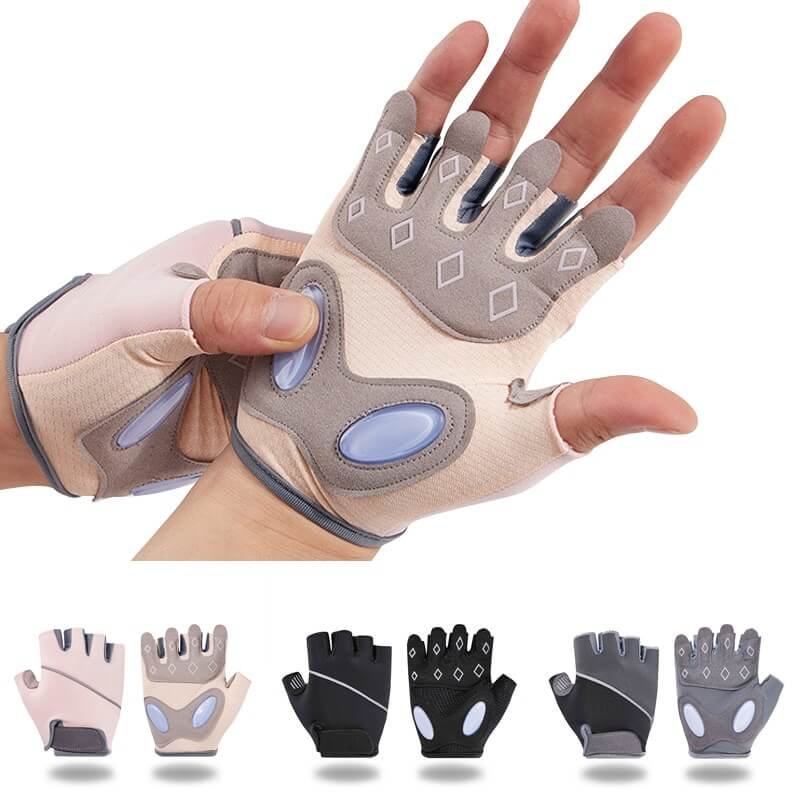 Unisex silicone anti-shock weight lifting gloves in beige and black, showcasing superior grip, half-finger style, and padded protection.